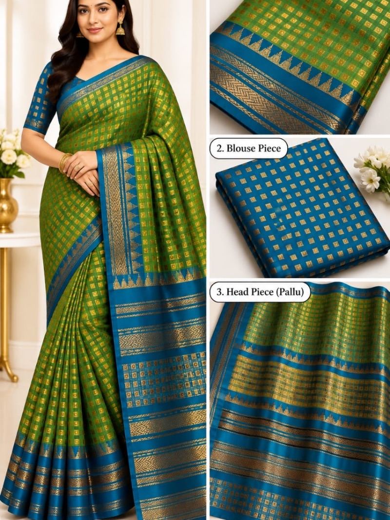 Button Silk Saree - Henna Green
