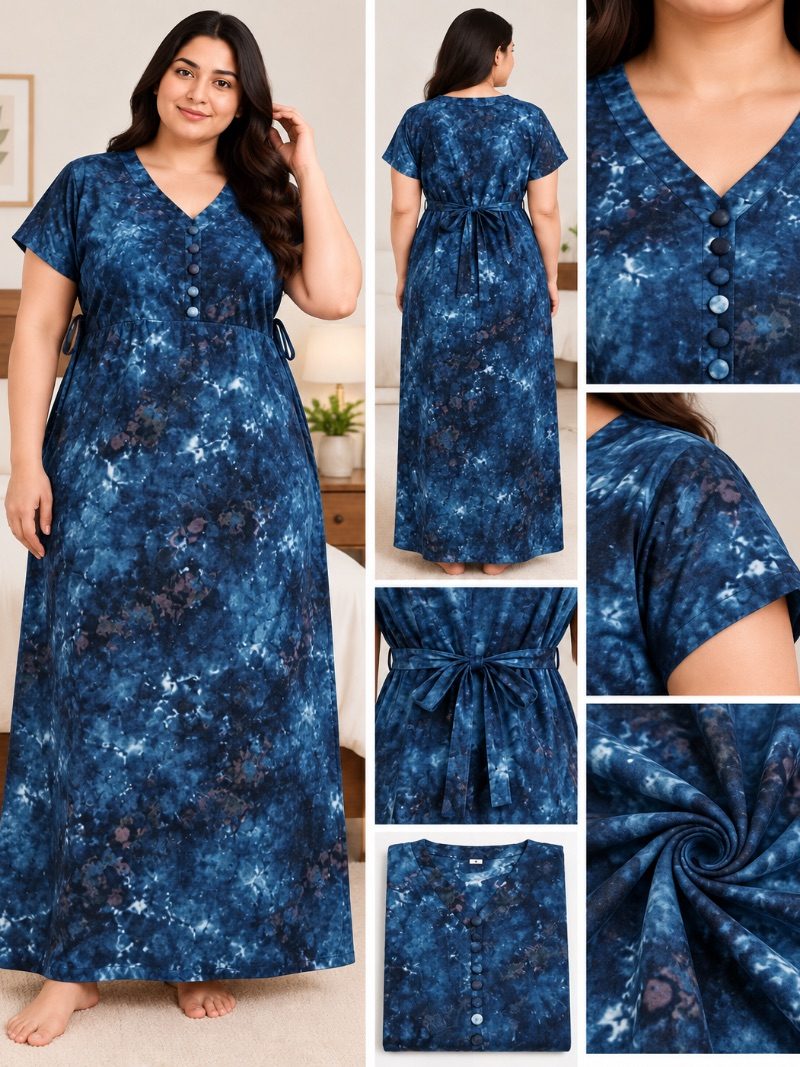 V-Neck Batik Frock Nighty with Belt - Ink Blue