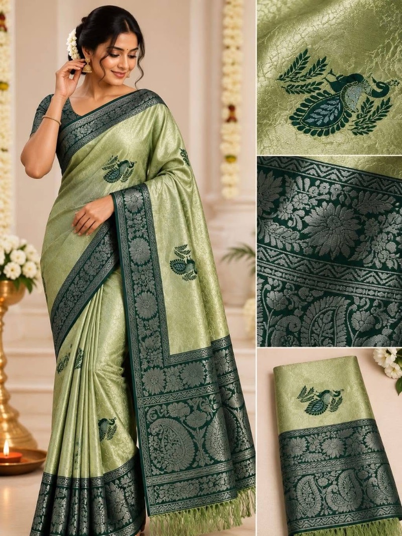 Elegant peacock design silver work silk saree - Khaki