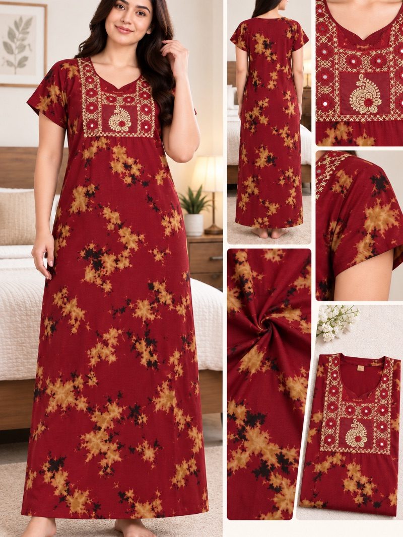 Batik Cotton Embroidery Work Nighty - Kumkum Red