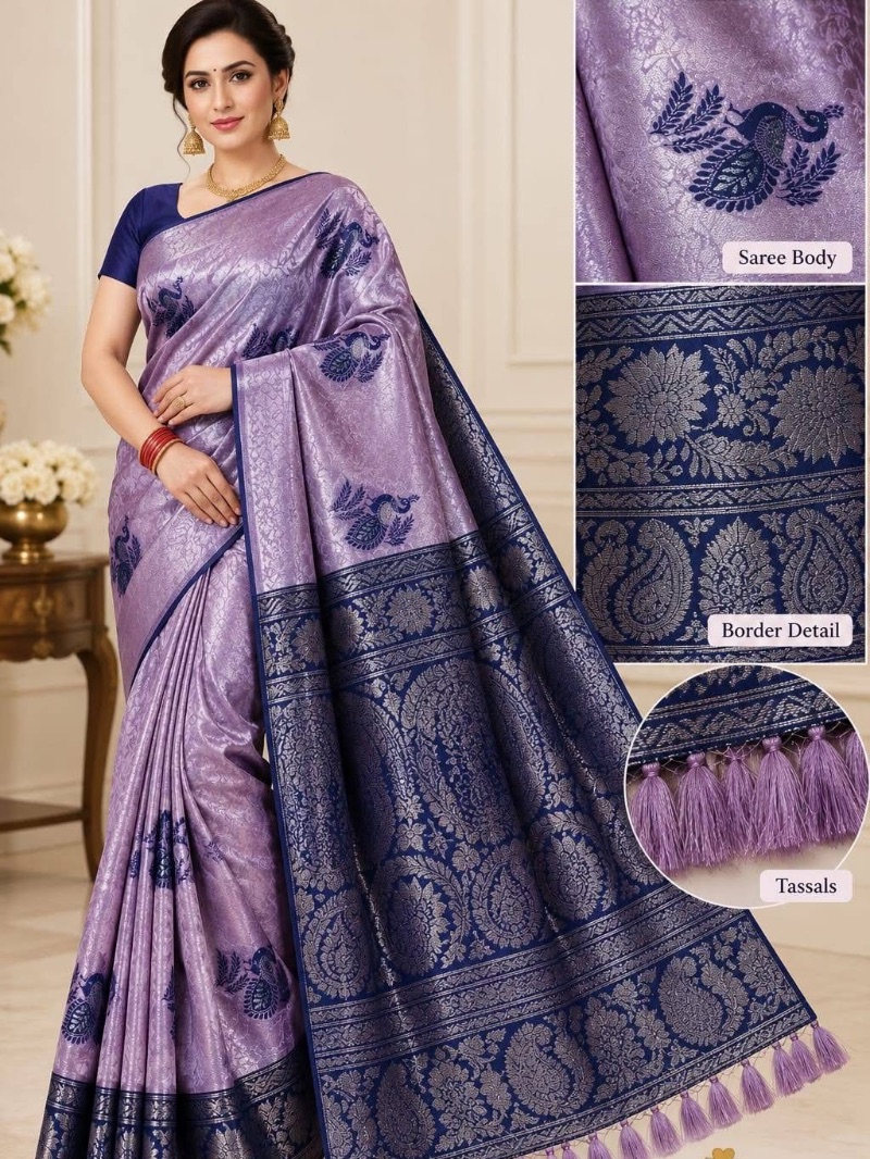 Elegant peacock design silver work silk saree