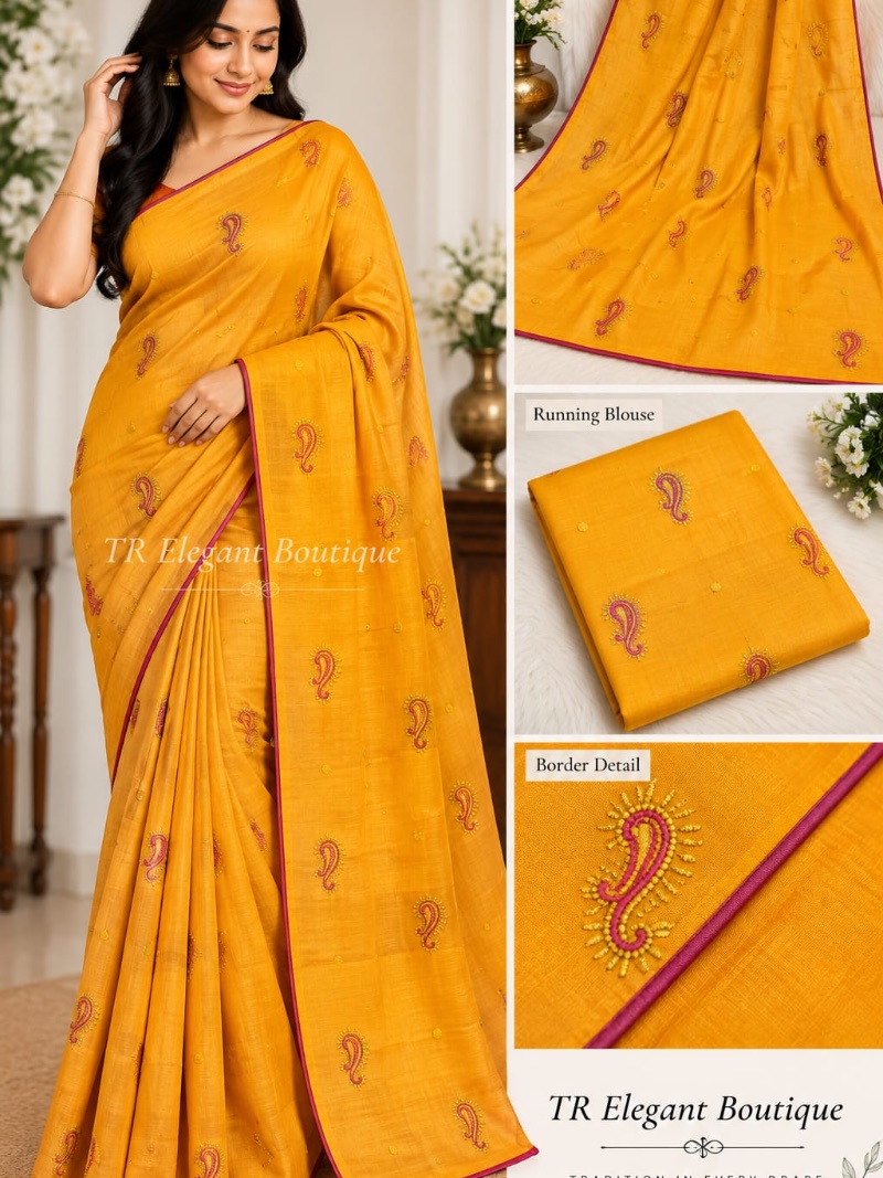 Elegant Chiffon Embroidery Saree -         Paisley - Marigold