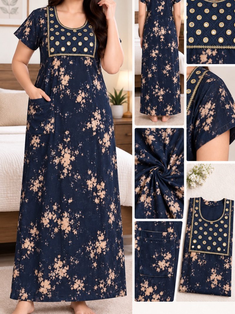 Batik Cotton Mirror Work Nighty with Pocket - Midnight Blue