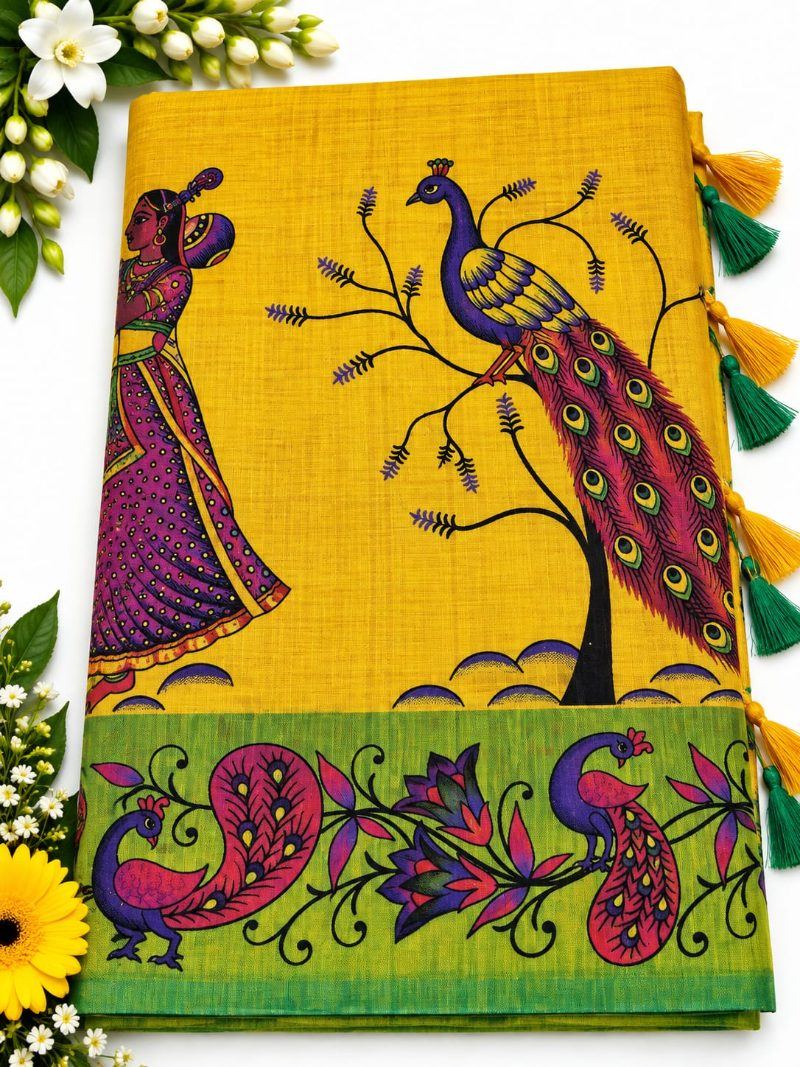 Linen Kalamkari Jalar Saree - Mustard