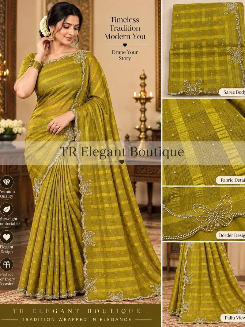 Butterfly Stone Work Party Saree - Mustard