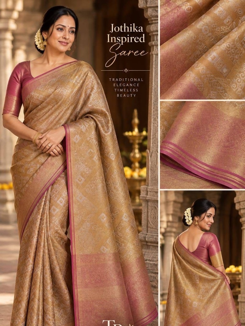 Jothika Inspired Tissue silk Saree - Olive brown