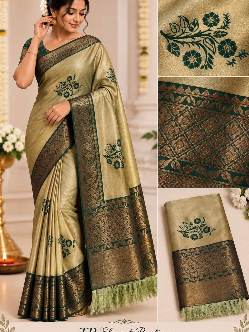 Elegant Copper Border Saree With Tassels - olive