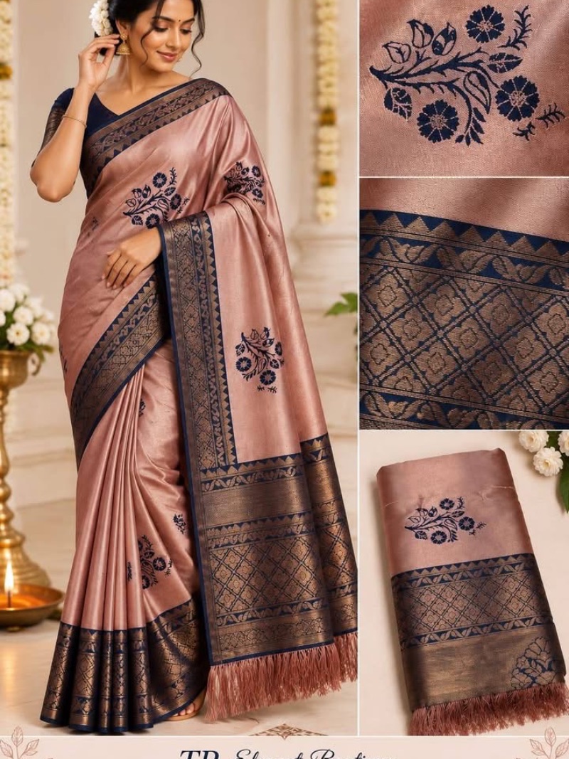 Elegant Copper Border Saree With Tassels - Onion Pink
