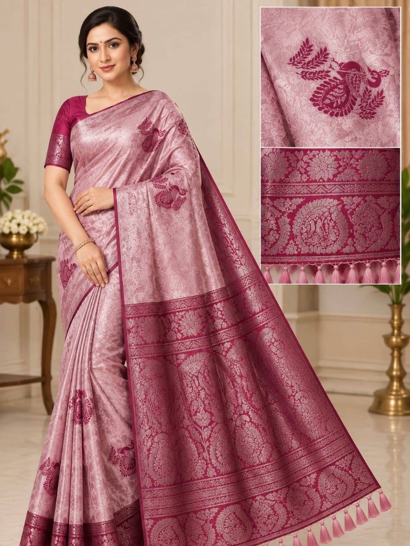 Elegant peacock design silver work silk saree - Onion Pink