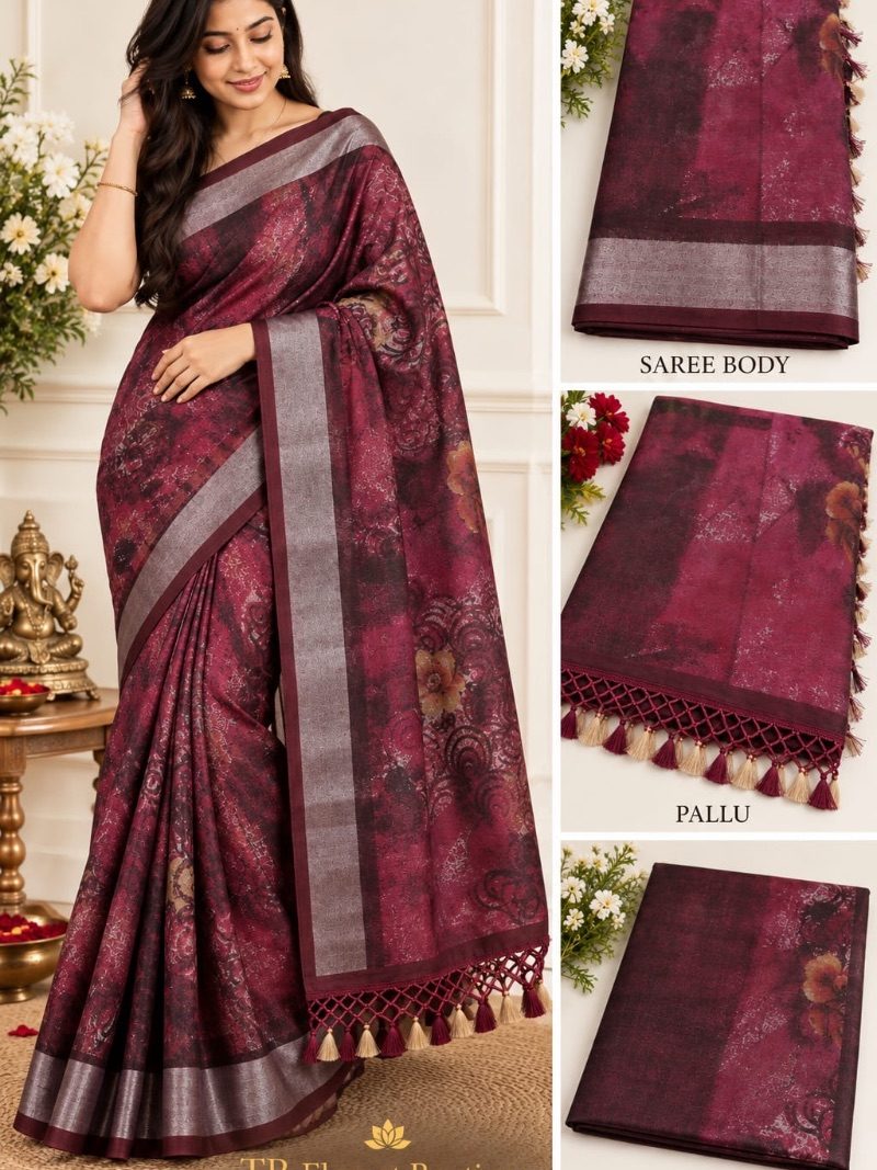 LINEN COTTON SAREE WITH TASSELS - Oxblood