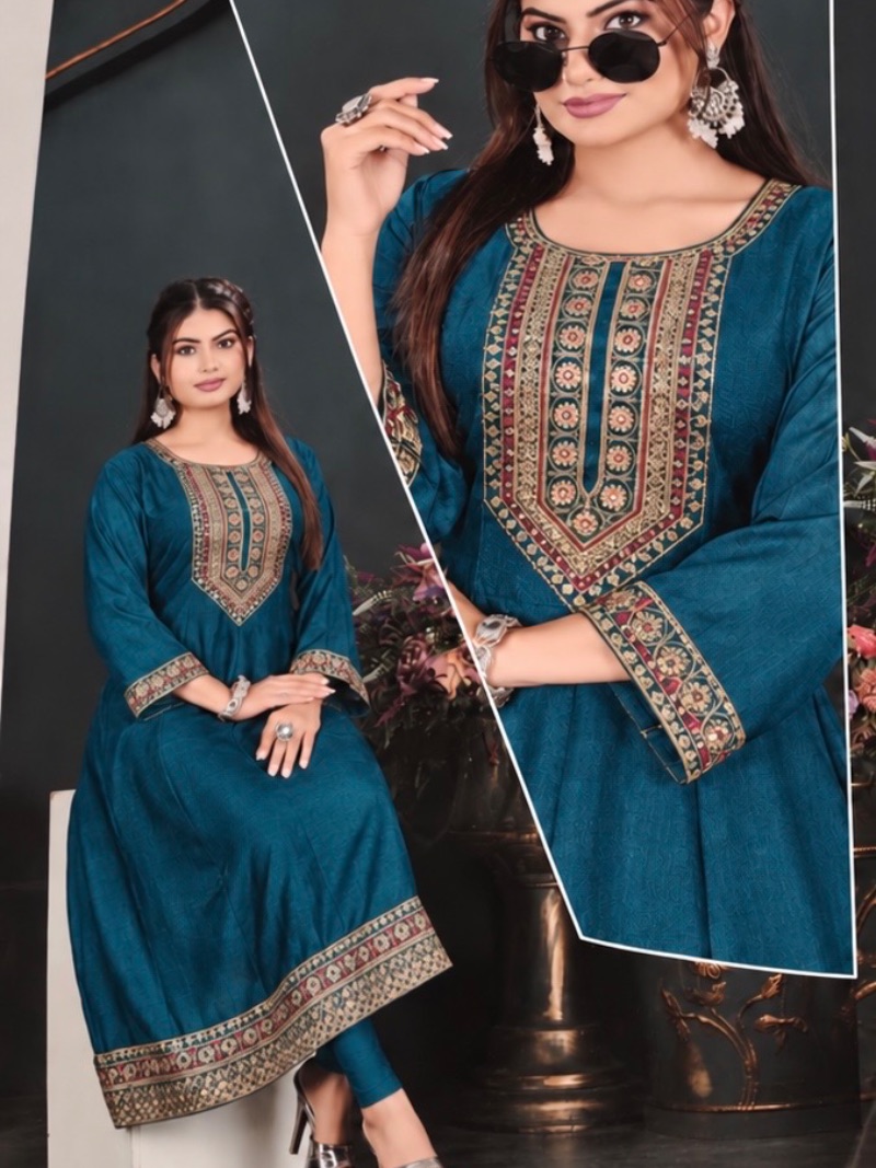 Vichtra Embroidered Long Anarkali Top - Peacock Blue