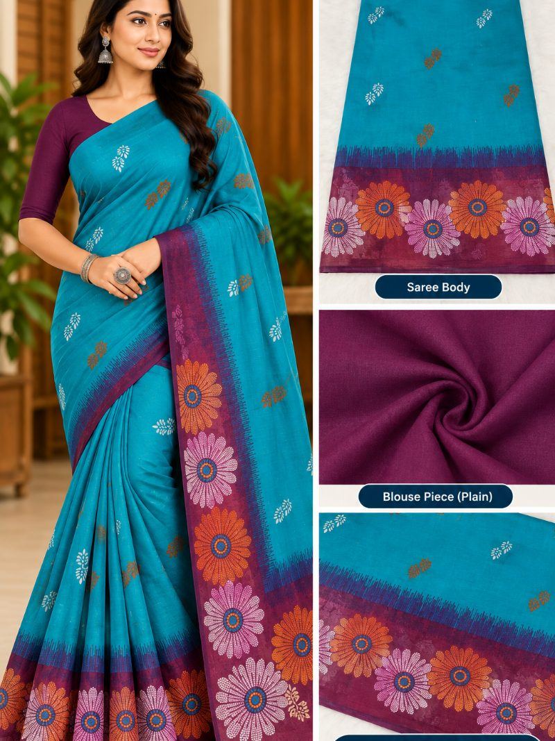 Parag Cotton Saree - Peacock Blue