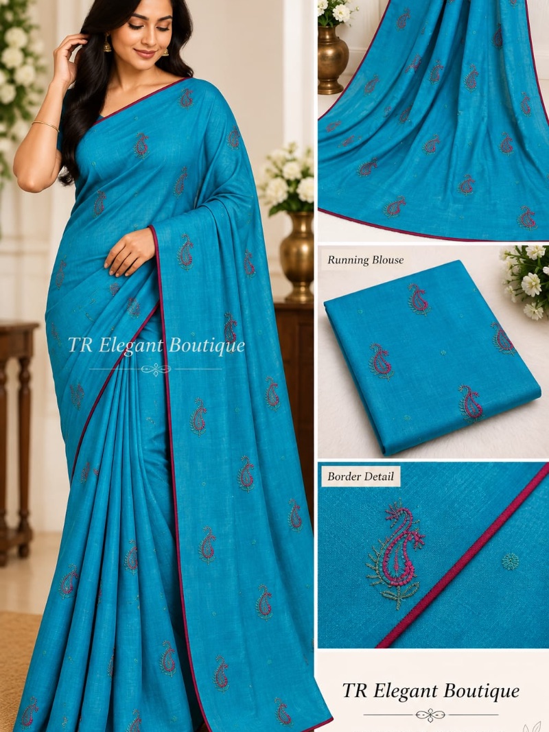 Elegant Chiffon Embroidery Saree -         Paisley - Peacock Blue