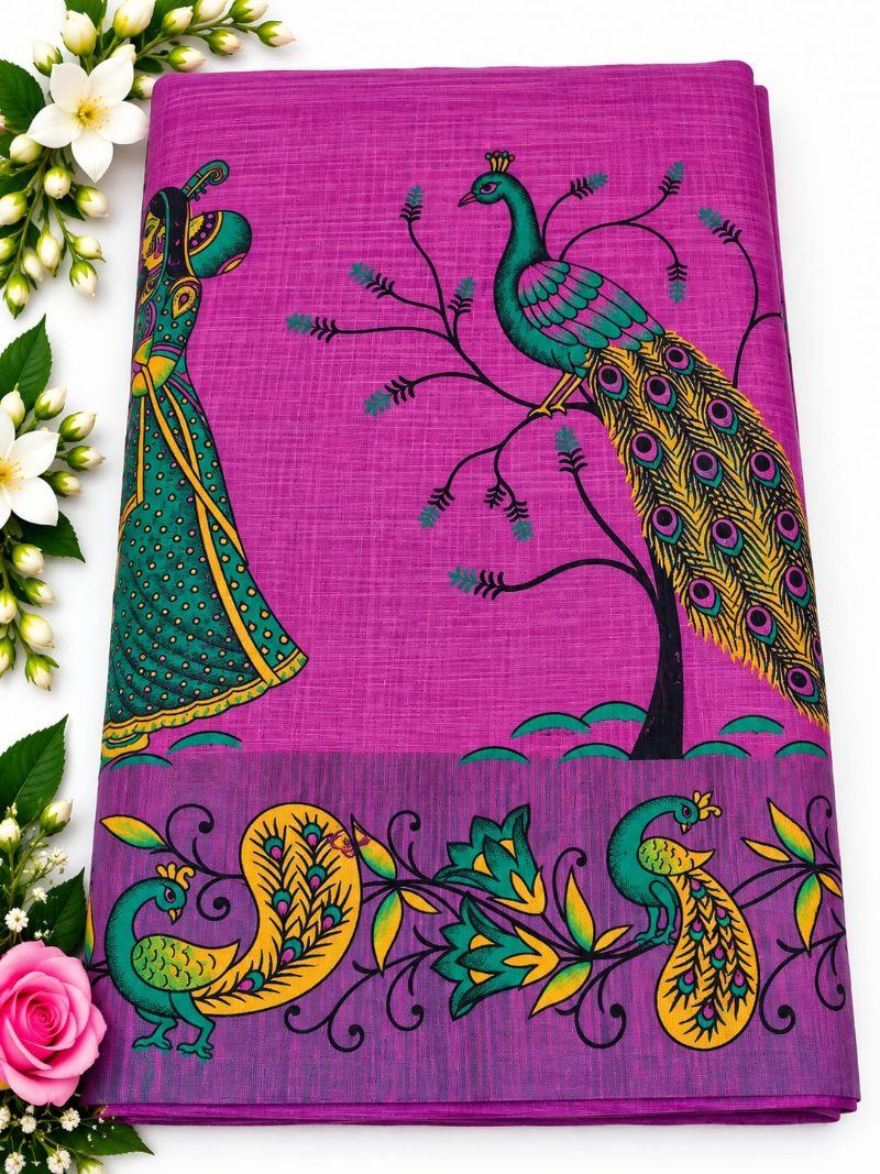 Linen Kalamkari Jalar Saree - Plum