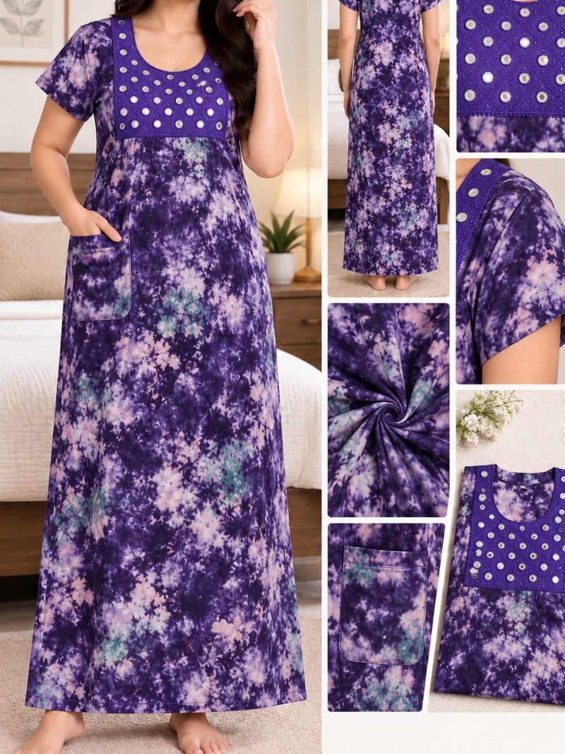 Batik Cotton Mirror Work Nighty with Pocket - Purple