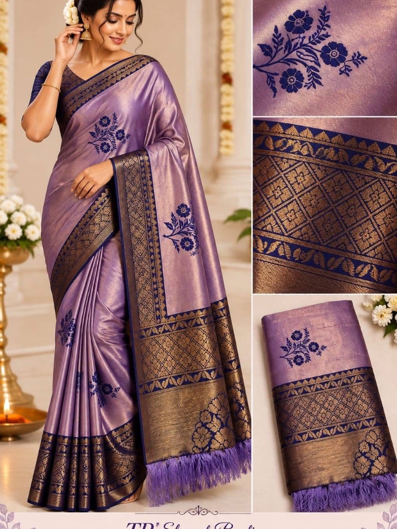 Elegant Copper Border Saree With Tassels - Purple