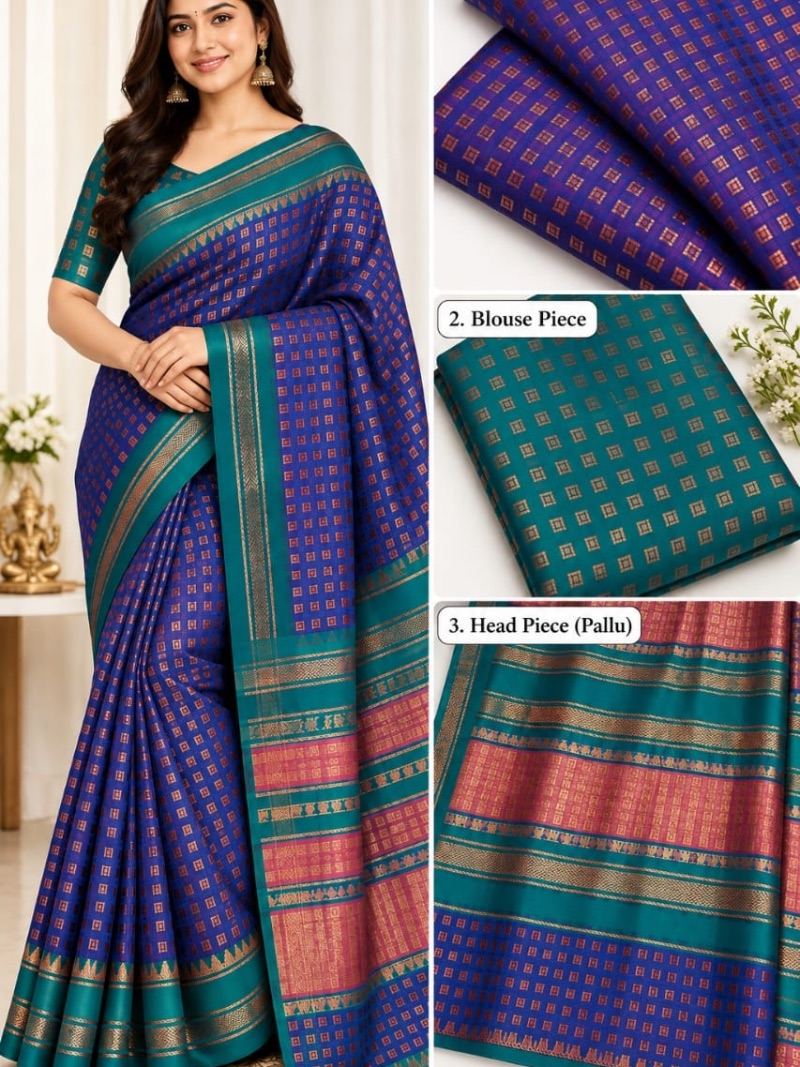 Button Silk Saree - Purple and Green