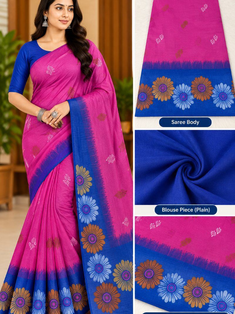 Parag Cotton Saree - Rani Pink