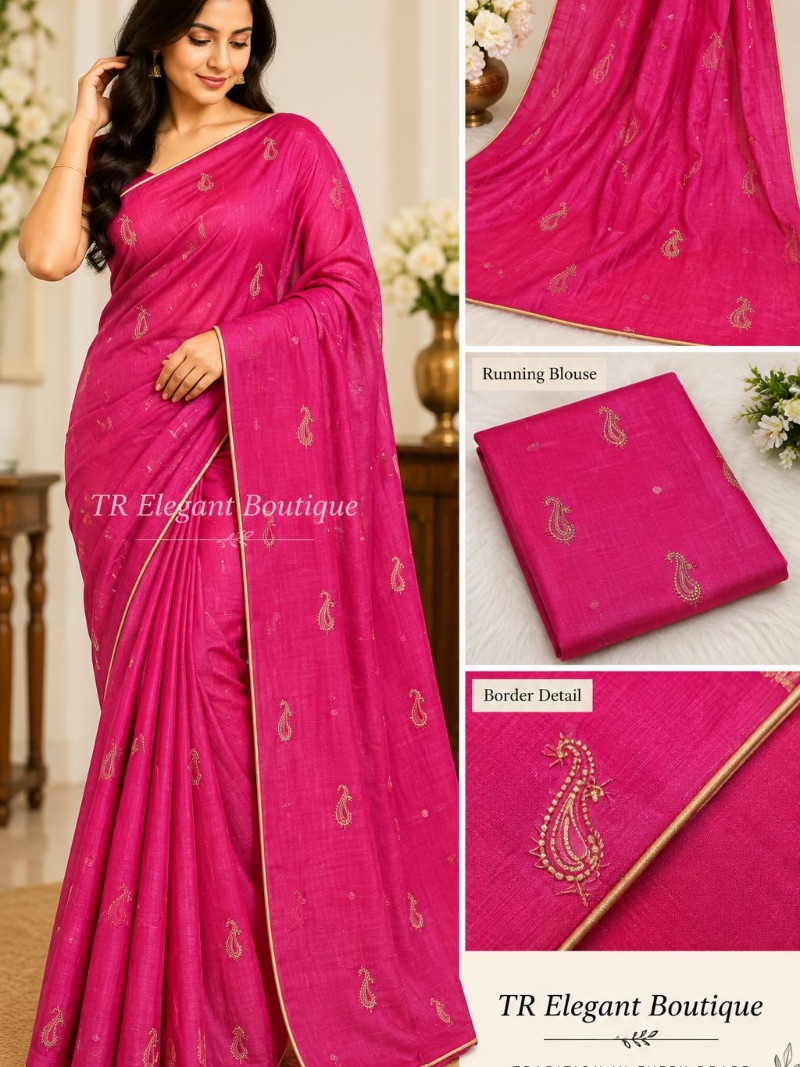 Elegant Chiffon Embroidery Saree -         Paisley - Rani Pink