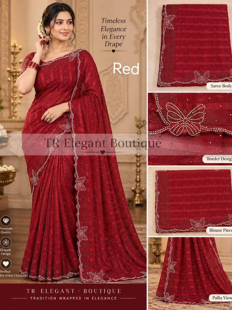 Butterfly Stone Work Party Saree - Red