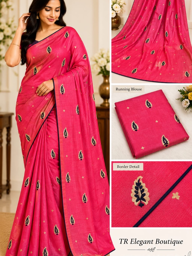 Elegant Chiffon Embroidery Saree -     Royal Leaf - Red