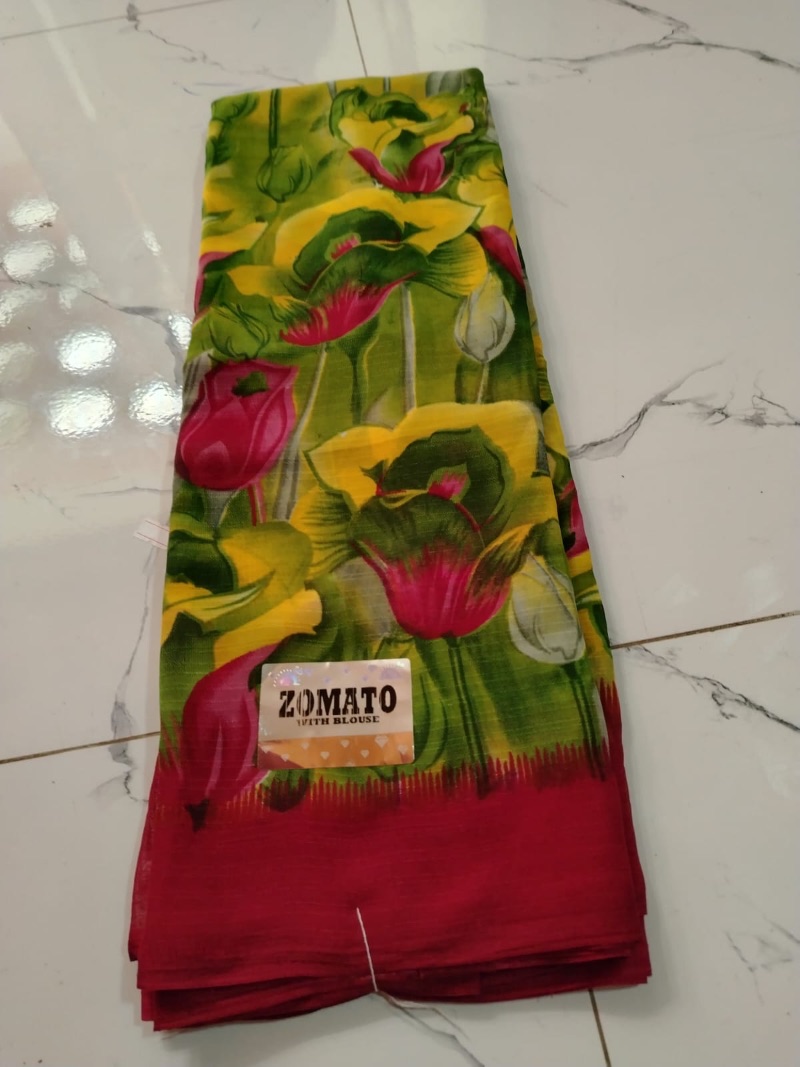 Zometo Border Saree - Flowers - Red and Green