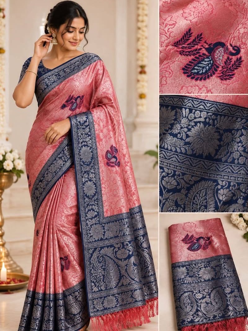 Elegant peacock design silver work silk saree - Rose