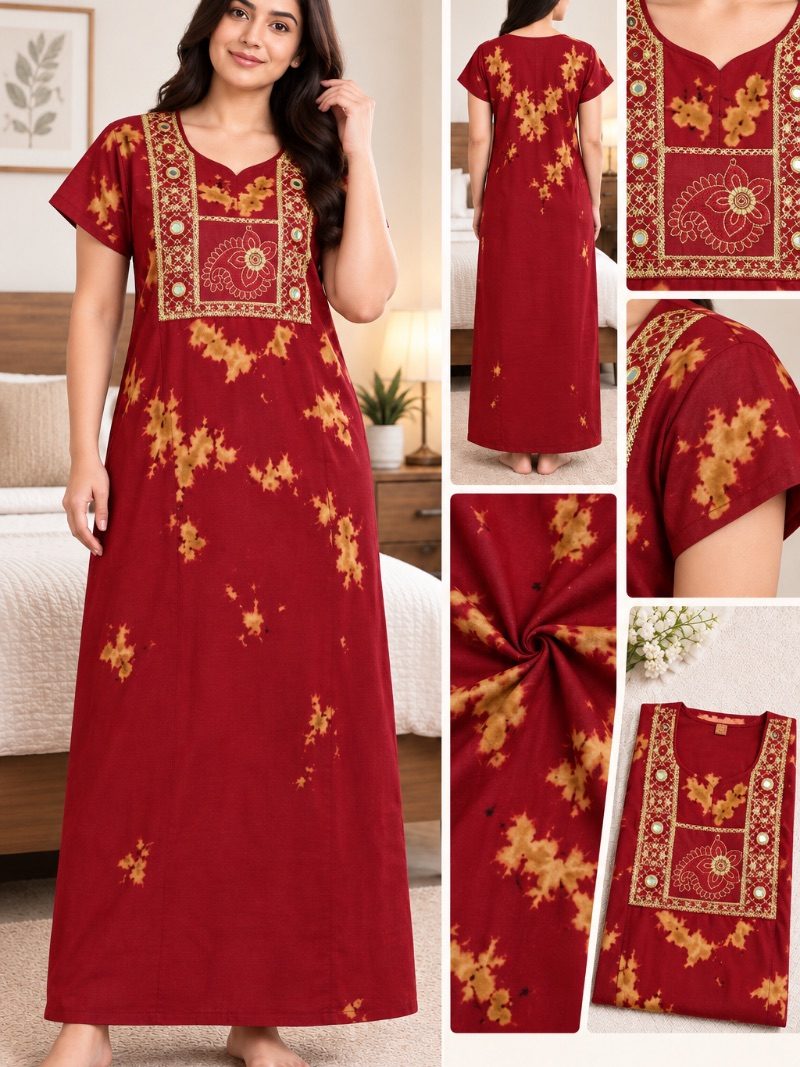 Batik Cotton Embroidery Work Nighty - Ruby