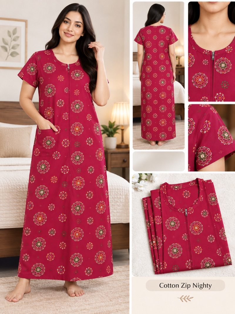 100% Cotton Zip Nighty - Ruby Red