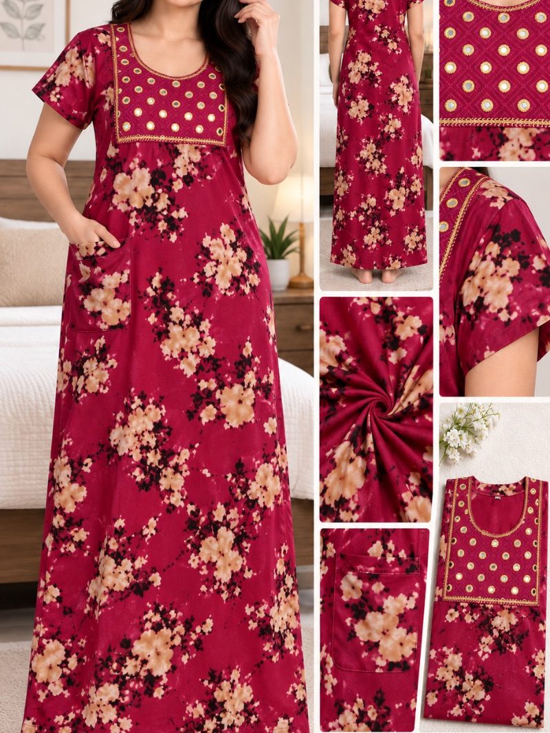 Batik Cotton Mirror Work Nighty with Pocket - Ruby Red