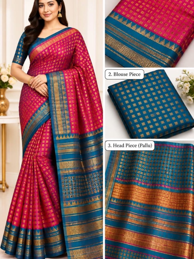 Button Silk Saree - Ruby Red