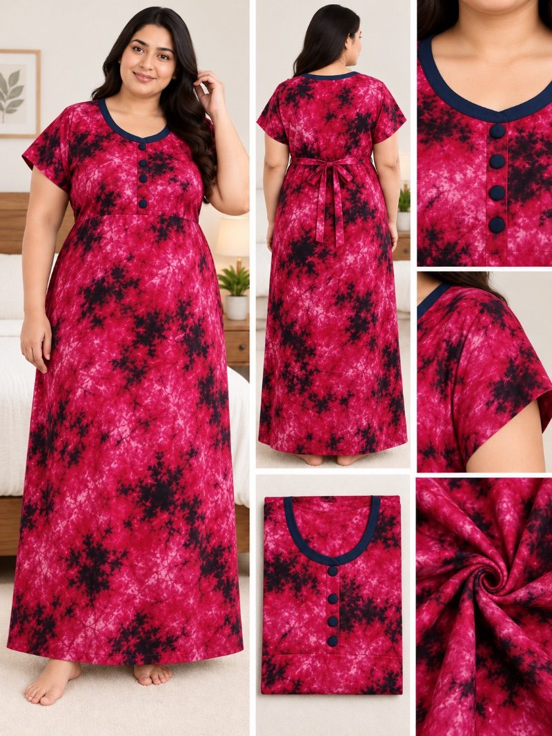 U-Neck Batik Frock Nighty with Belt - Ruby Red
