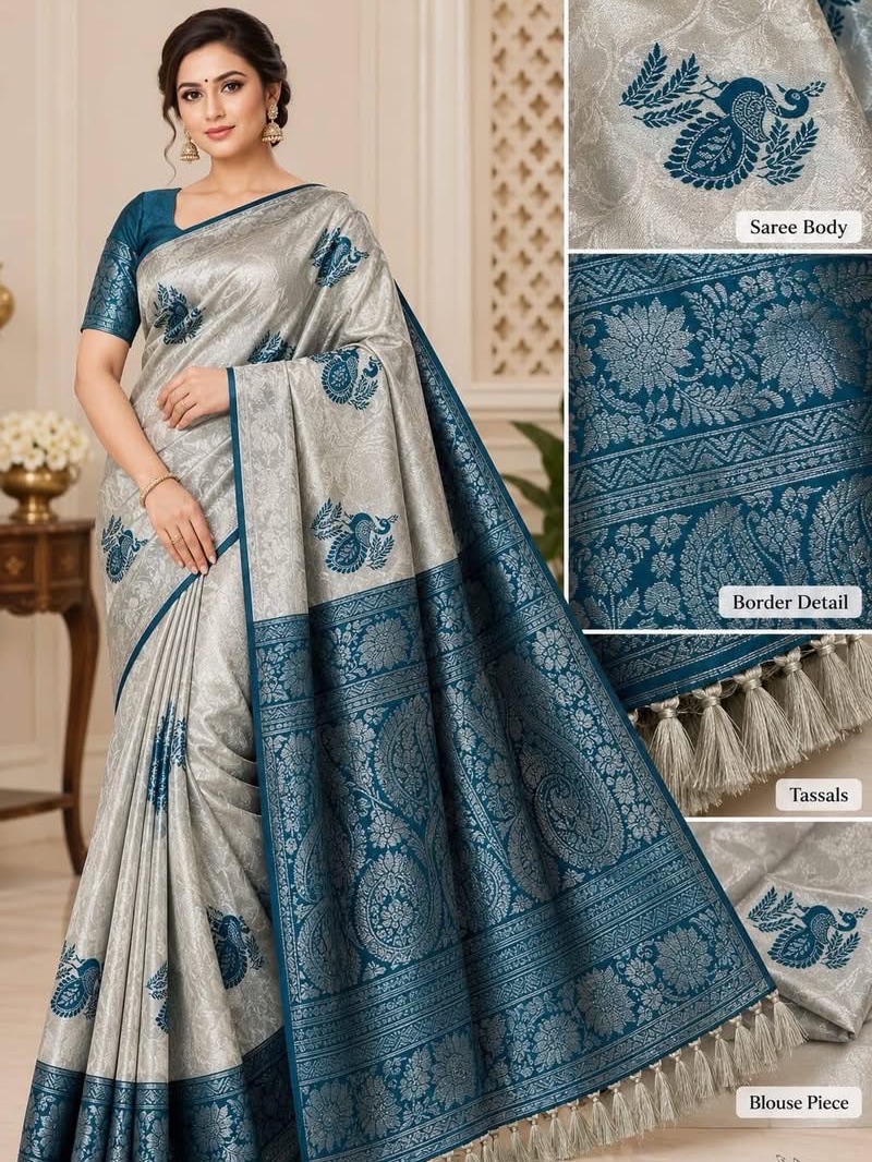 Elegant peacock design silver work silk saree - Silver