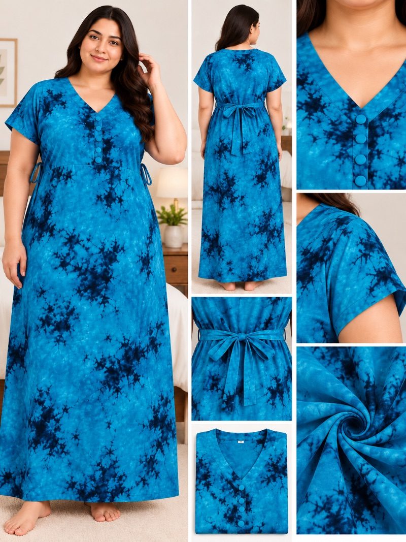 V-Neck Batik Frock Nighty with Belt - Steel Blue