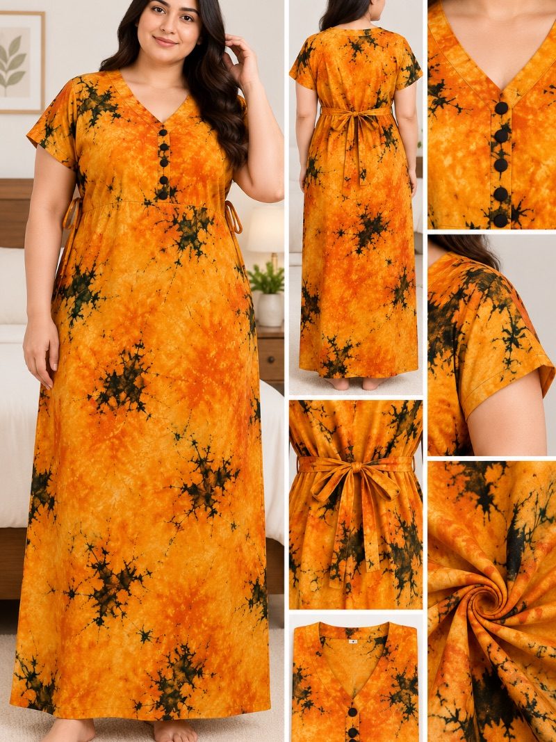V-Neck Batik Frock Nighty with Belt