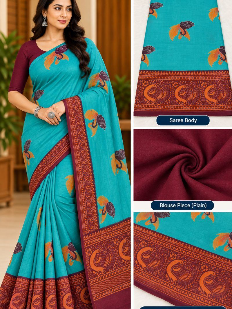 Parag Cotton Saree - Teal