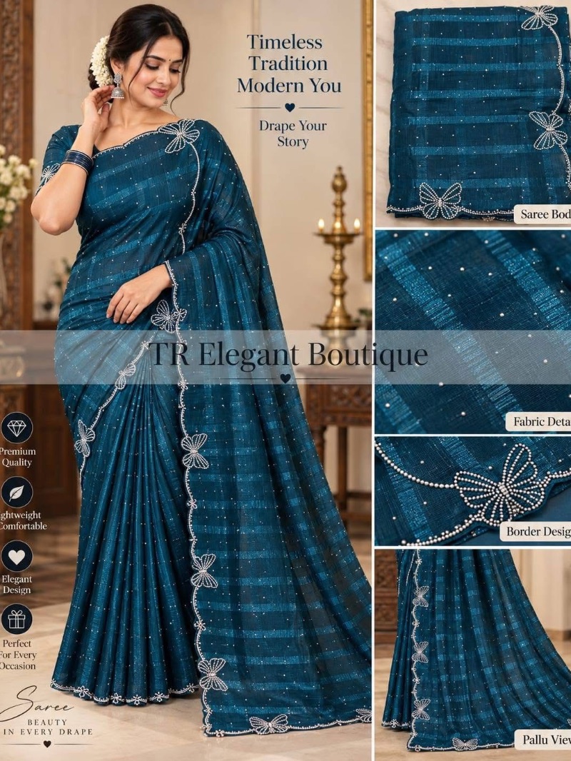 Butterfly Stone Work Party Saree - Teal