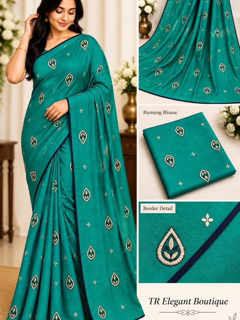 Elegant Chiffon Embroidery Saree - Leaf - Teal