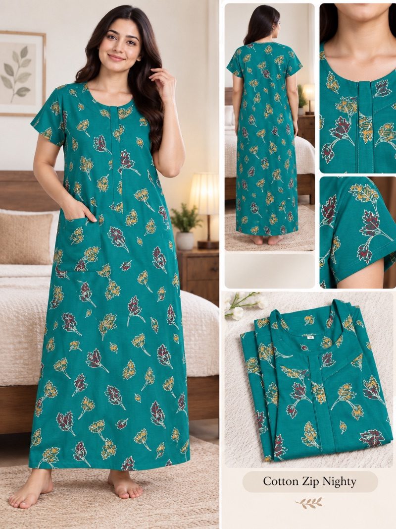 100% Cotton Zip Nighty - Teal
