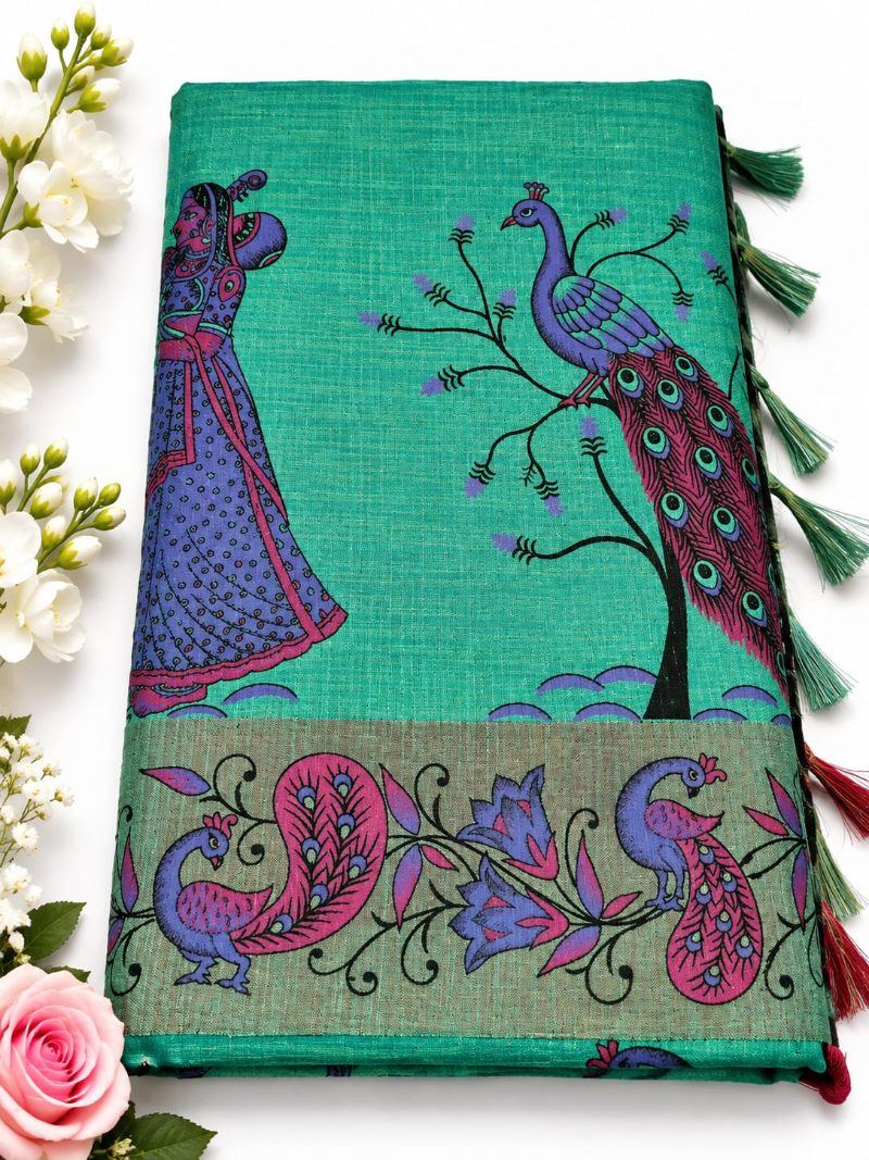 Linen Kalamkari Jalar Saree - Teal Green