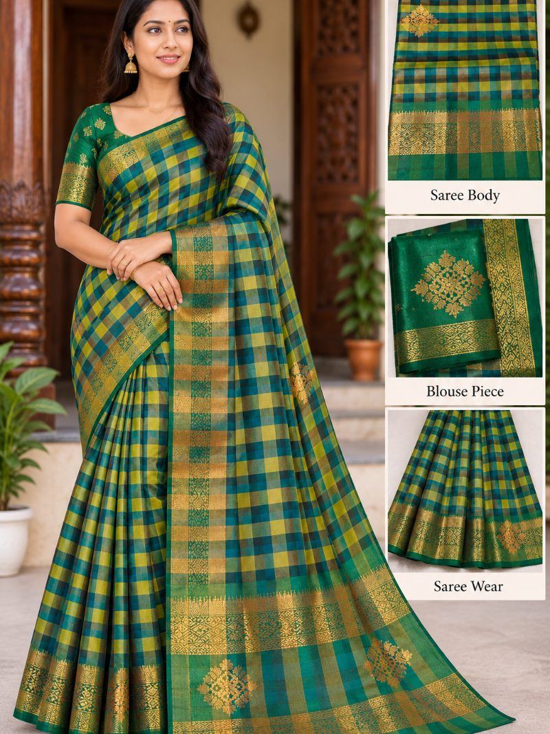 Chandrika Check  Saree - Teal Green
