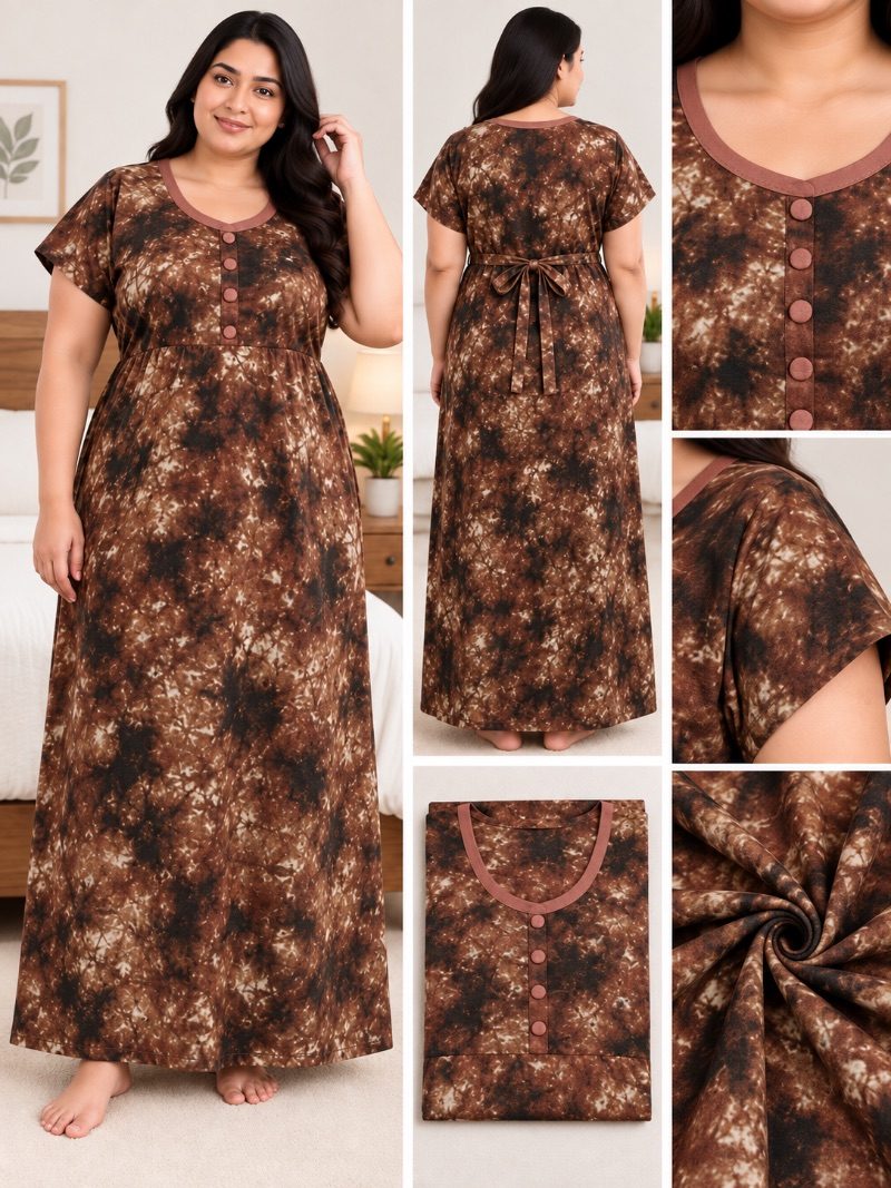 U-Neck Batik Frock Nighty with Belt - Toffee