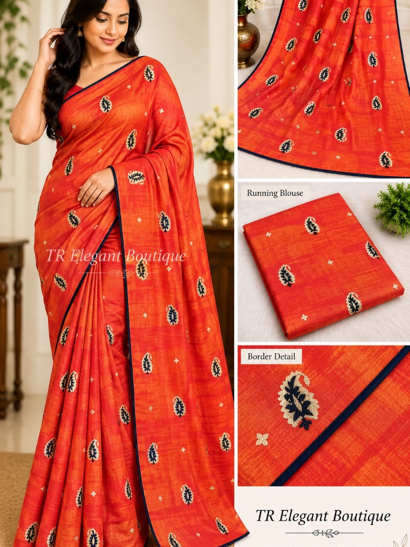 Elegant Chiffon Embroidery Saree -     Royal Leaf - Tomato