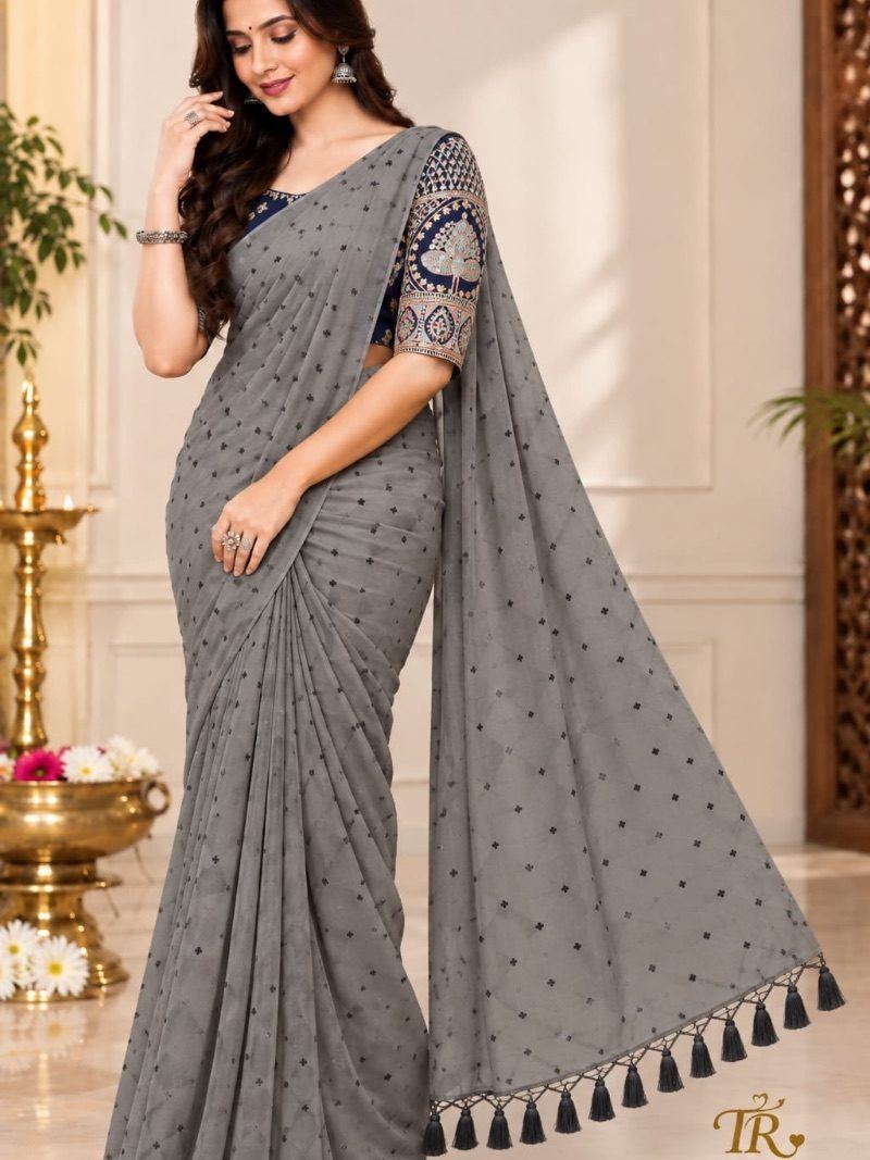 FANCY SAREE WITH DESIGNER BLOUSE - Warm Grey