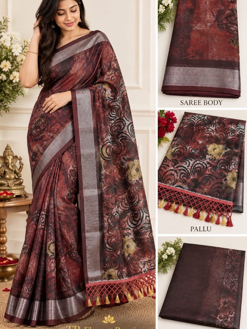 LINEN COTTON SAREE WITH TASSELS - Wine