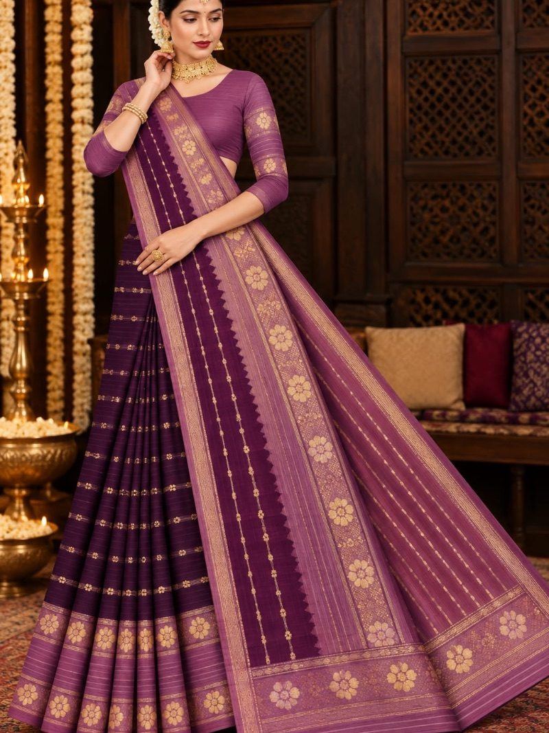 Velithari Cotton Saree - Wine Purple