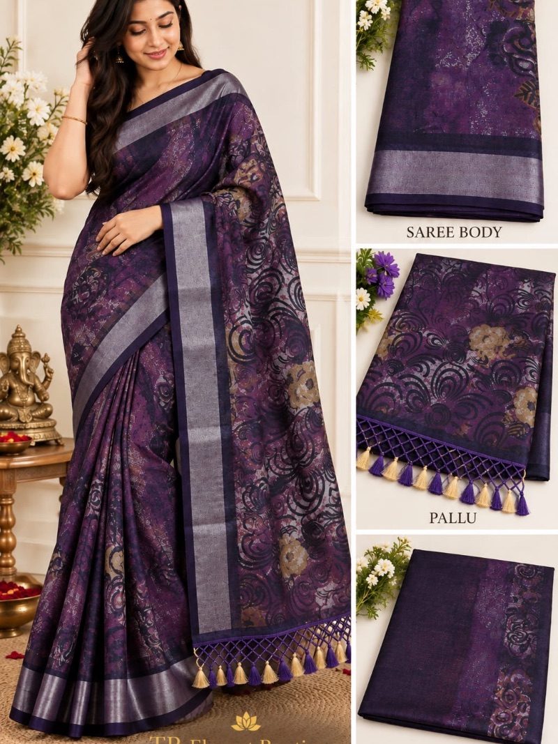 LINEN COTTON SAREE WITH TASSELS - Wine Purple