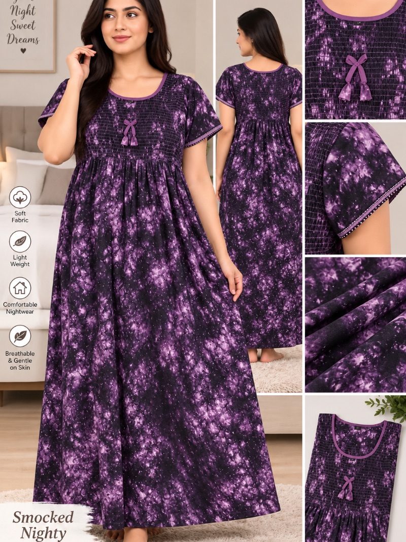 Smocked  Batric Long Nighty - Wine Purple